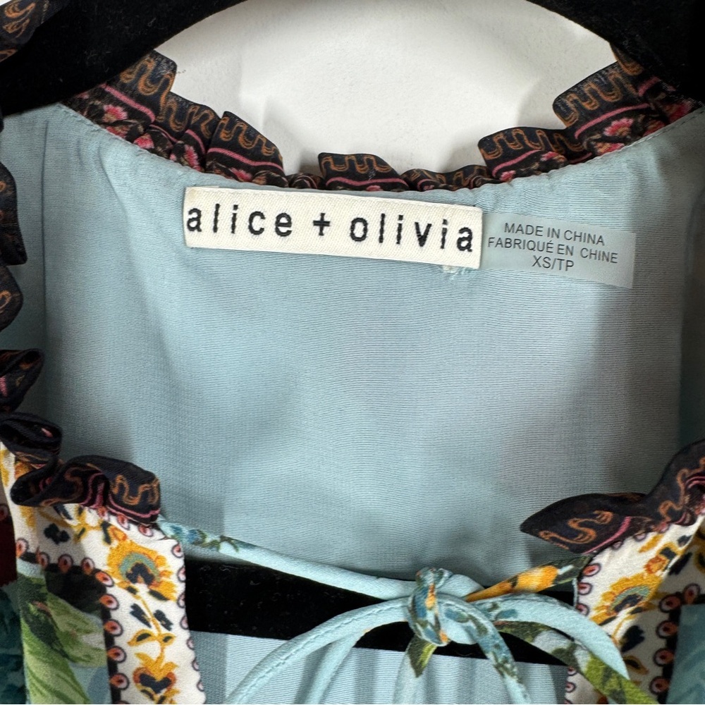 Alice + Olivia Blue Floral Boho Dress Size XS Ruffle Sleeve Tie Neck - Picture 6 of 16